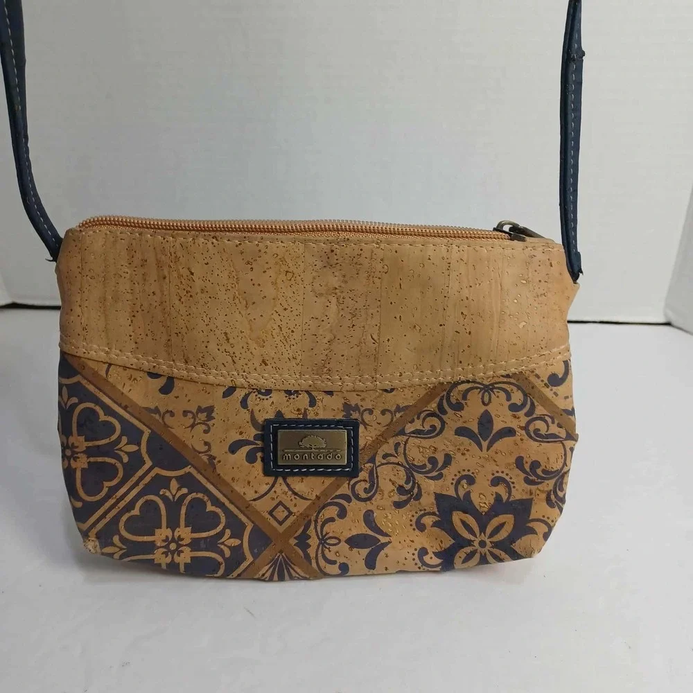 Montado Cork Crossbody Bag Floral‎ Purse Small Double Zipper READ